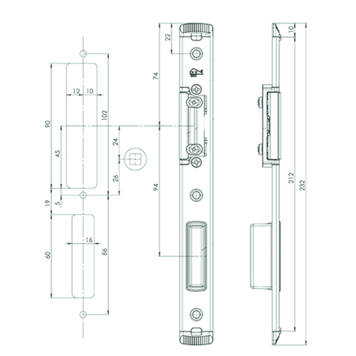 GÂCHE CENTRALE 58684 U24x5x232mm - Din G - inox - SKG2 Photo du produit BIGPIC L