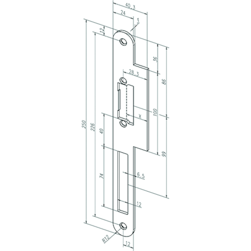 TETIERE 67B pr GÂCHE ÉLECTRIQUE PROFIX2 250x24x3mm - lèvre 40,3mm - G/DR - arrondi - inox Photo du produit BIGPIC L