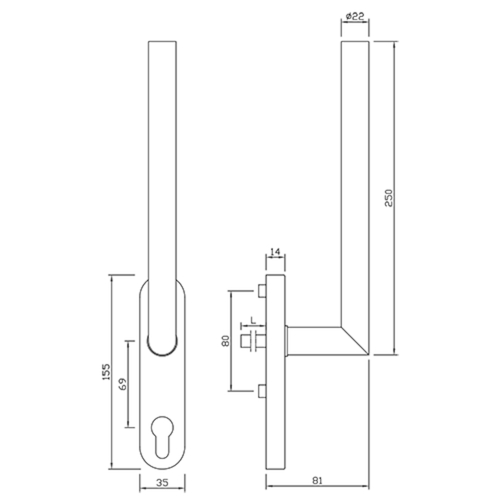 POIGN pr COULISS INT HSTG 61.ER L-90° greenteQ 180° - Ø22mm - carré 10x95mm - PZ - inox - M6x85 Photo du produit BIGSKZ L