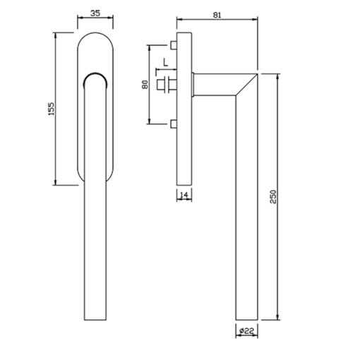 POIGN pr COULISS INT HSTG 61.ER L-90° greenteQ 180° - Ø22mm - carré 10x95mm - inox - M6x85 Photo du produit BIGSKZ L