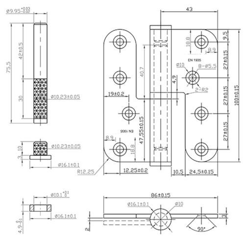 PAUMELLE INOX 100/86 CA AISI 304 Qtec RF60' Ø16mm - gauche - lame 3mm - bague 5mm Photo du produit BIGSKZ L