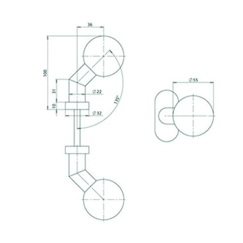 BOUTON RONDE 45° TOURN SUR ROSACE inox - gauche -Ø55 -H100mm -incl fix -rosØ53x7mm Photo du produit BIGSKZ L