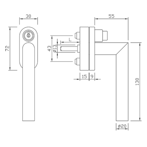 RAAMGREEP FG61.S.ER L-gelast afsluitb greenteQ 90° - Ø20mm - stift 7x32mm - inox - incl bev Productafbeelding BIGSKZ L