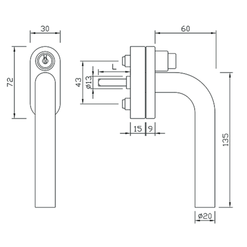 RAAMGREEP FG62.S.ER L-afgerond afsluitb greenteQ 90° - Ø20mm - stift 7x37mm -inox-incl bev M5x45mm Productafbeelding BIGSKZ L