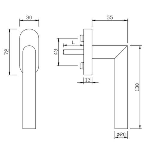 RAAMGREEP FG61H.V.ER L-gelast greenteQ 90° - Ø20mm - stift 7x32/37/42mm - inox - incl bev Productafbeelding BIGSKZ L
