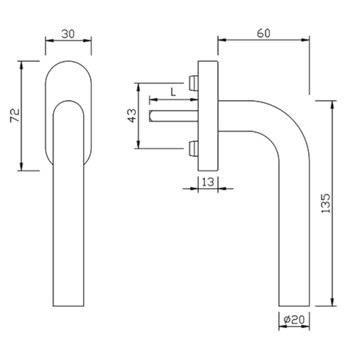 RAAMGREEP FG62L.ER L-afgerond greenteQ 90° - Ø20mm - stift 7x32mm -inox-incl bev M5x40mm Productafbeelding BIGSKZ L