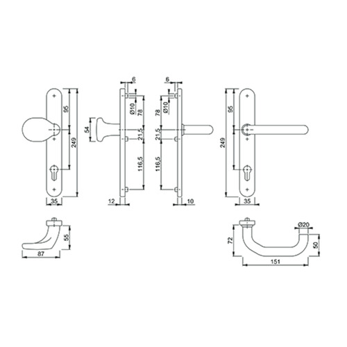 *DEURKRUKWISSELGN KRUK/KNOP PARIS 138Z E86G 92PZ-H250xB35xD10mm-dd67-72mm-snelstift-inox-SKG** Productafbeelding BIGSKZ L