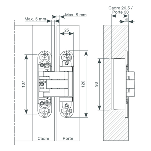 SCHARNIER INVISIBLE NEO S-5 - afm 120x25mm pekzwart - max 95kg - dd>33mm - 3D regelb - 180° Productafbeelding BIGSKZ L