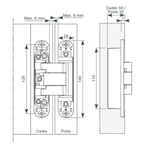 SCHARNIER INVISIBLE NEO M-6 - afm 140x28mm chroom mat - max 115kg - dd>36mm - 3D regelb -180° Productafbeelding BIGSKZ L