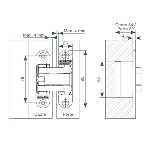 SCHARNIER INVISIBLE SMALL - afm 95x23mm chroom mat - max 65kg - dd>31mm - 3D regelb - 180° Productafbeelding BIGSKZ L