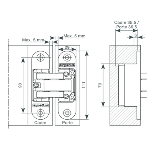 SCHARNIER INVISIBLE MEDIUM - afm 111x29mm chroom mat - max 70kg - dd>37mm - 3D regelb - 180° Productafbeelding BIGSKZ L
