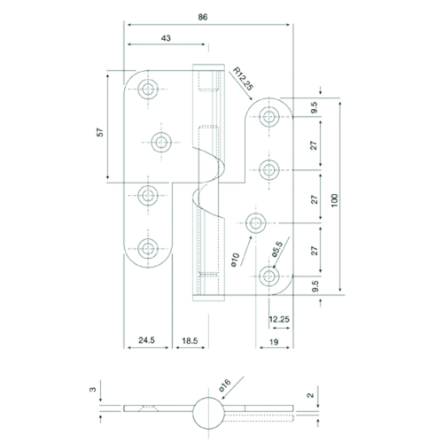 PAUMEL 100/86A STIJGEND inox - Ø16mm - rechts - lemmerdikte 3mm Productafbeelding BIGSKZ L