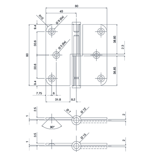 PAUMEL 80/80 AR TOE inox - Ø12mm - links - lemmerdikte 2,5mm Productafbeelding BIGSKZ L