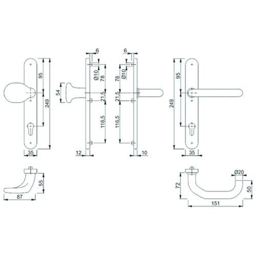DEURKRUKWISSELGN KNOP/KRUK LIVERPOOL PANIEK 9/92PZ - 249x35x12mm - inox - dd67-72mm - met veer Productafbeelding BIGSKZ L