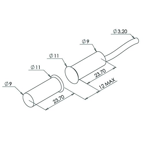 MAGNEETCONTACT REED (wissel) hout inbouw Ø9mm - L23,70mm - 100V DC - 250mA - 3-adrig 2m Productafbeelding BIGSKZ L