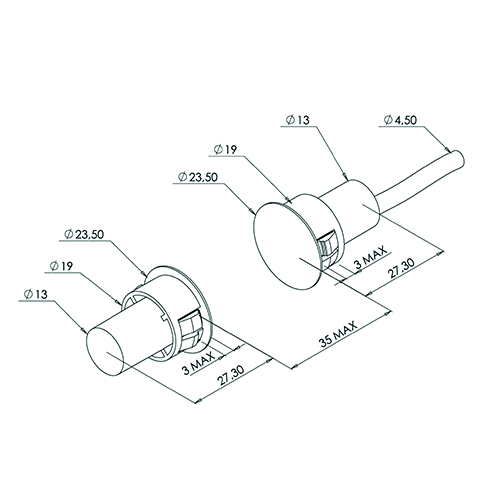 MAGNEETCONTACT REED (wissel) metaal inbouw Ø19mm - L27,30mm - 100V DC - 250mA - 3-adrig 2m Productafbeelding BIGSKZ L