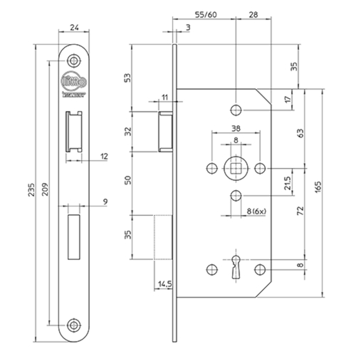 INSTEEKSLOT A13E1 DN KL 3 55E - 72BB - L/R - inox - 1toers - vrpl afger Productafbeelding BIGSKZ L