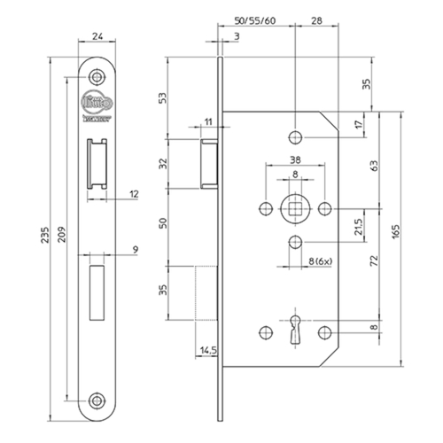 INSTEEKSLOT A13E6 DN KL 3 industrieverp 60E - 72BB - L/R - gelakt - vrpl afger Productafbeelding BIGSKZ L