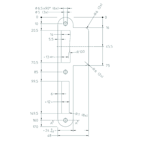 SLUITPLAAT Qtec DN (dagschoot vijlb) PC080Q 170x24x1,5mm - lip 48mm - inox - afgerond Productafbeelding BIGSKZ L