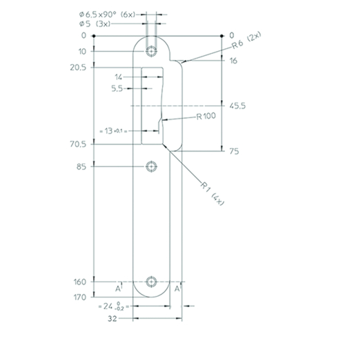 SLUITPLAAT Qtec D LOOP (dagschoot vijlb) PC081Q 170x24x1,5mm - lip 37mm - inox - afgerond Productafbeelding BIGSKZ L