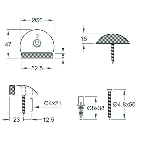 VLOERBUFFER 01995/BL Ø56mm H16mm - zwart structuur - incl bevestiging Productafbeelding BIGSKZ L
