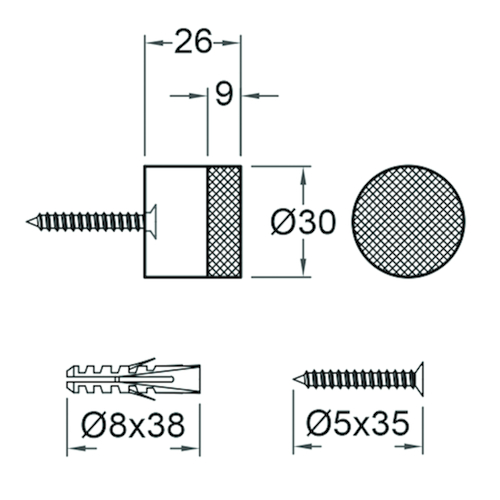 WANDBUFFER 01992/BL Ø30mm H26mm - zwart structuur - incl bevestiging Productafbeelding BIGSKZ L