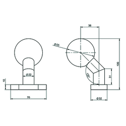 DEURTOP BOL 45° TL0408 VAST OP ROZET stand alone inox - Ø55 -H102mm -incl bev -roz ovaal 70x32x10mm Productafbeelding BIGSKZ L