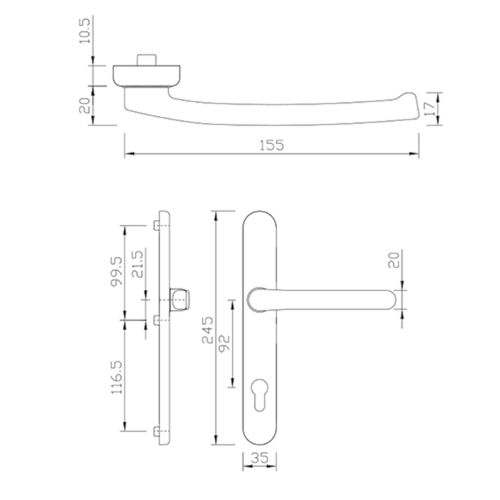 DEURKRUKGN DG58.S216.AL.SSN.AU ROLL ext greenteQ 92PZ - H245xB35xD10,5mm - F9 inox look Productafbeelding BIGSKZ L
