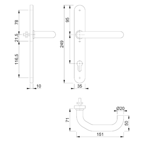 DEURKRUKGN VOORDEUR BINNENZIJDE E138GF PARIS 3357S 92PZ - H249xBR35xD10mm - stift 40mm - inox Productafbeelding BIGSKZ L