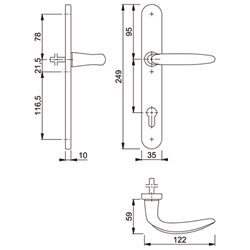 DEURKRUKGN VOORDEUR BINNENZIJDE ATLANTA 3357SN 92PZ - H250xB35xD10mm - mess PVD - incl stift 40mm Productafbeelding BIGSKZ L