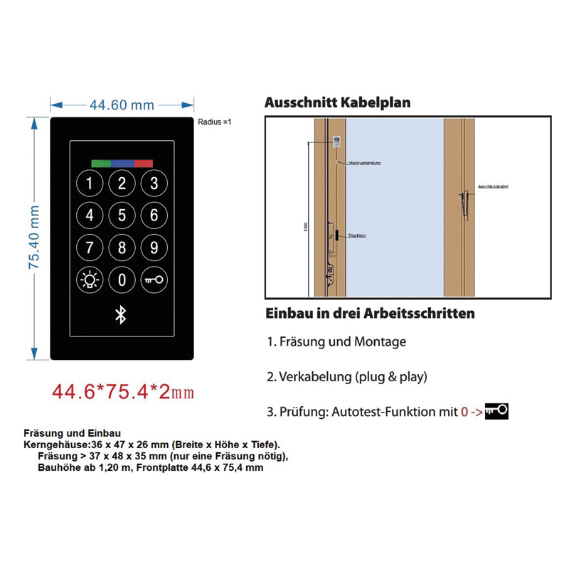 BioKey® Bluetooth + Code + Touch Panel im Glas Design (Schwarz) Türintegration mit versetzter Relay Platine (Blackbox), nur für E-Öffner Produktbild BIGANW L