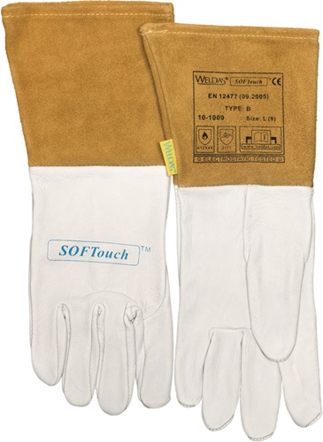 Schweißerhandschuhe Größe L (9) natur/orange   Ziegennarben-/Rindspaltleder/Softouch EN 388, EN 12477, EN 1149-2 Produktbild BIGPIC L