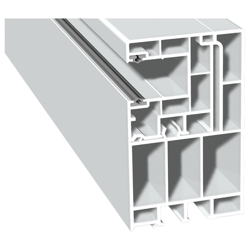 Adapterprofil 55x90mm Lg. 6,00m Revision außen <(>&<)> Maxi-Rollladenführung 40x47mm Lg. 6,00m Weiß, mit zwei grauen WL, VE: 30m Produktbild BIGPIC L