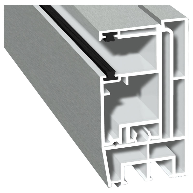 Adapterprofil 80x43mm Lg. 6,00m foliert, Revision außen <(>&<)> Rollladenführung 57x30mm Lg. 6,00m GK Weiß, mit zwei schwarzen Bürsten 436 1001 Metbru Produktbild BIGPIC L