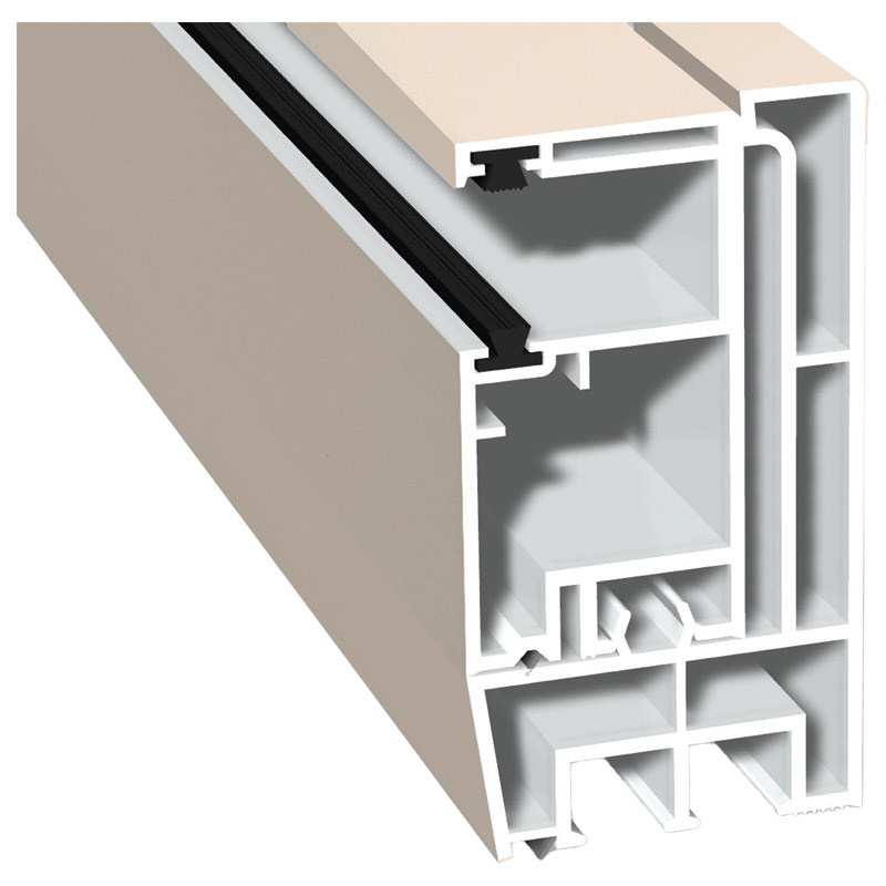 Adapterprofil 80x43mm Lg. 6,00m foliert, Revision außen <(>&<)> Rollladenführung 57x30mm Lg. 6,00m GK Weiß, mit zwei schwarzen Bürsten 456 5054 Cremew Produktbild BIGPIC L