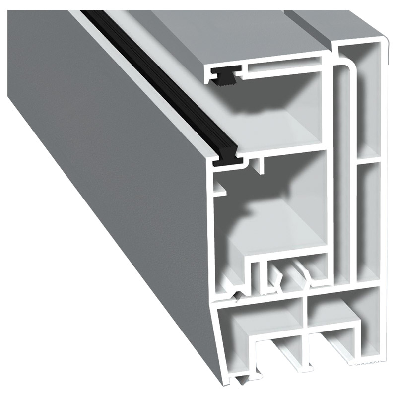 Adapterprofil 80x43mm Lg. 6,00m foliert, Revision außen <(>&<)> Rollladenführung 57x30mm Lg. 6,00m GK Weiß, mit zwei schwarzen Bürsten 71 5505-083 Sil Produktbild BIGPIC L