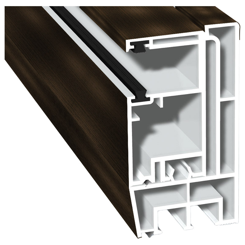 Adapterprofil 80x43mm Lg. 6,00m foliert, Revision außen <(>&<)> Rollladenführung 57x30mm Lg. 6,00m GK Braun, mit zwei schwarzen Bürsten 214 0006-167 M Produktbild BIGPIC L