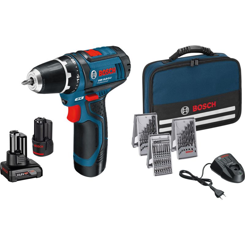 Bosch Akku-Bohrschr. GSR 12V-15 in Tasche + 1x GBA 12V 2,0Ah, 1x GBA 12V 4,0Ah, GAL 12V-40, 39 tlg Zubehör-Set Produktbild BIGPIC L