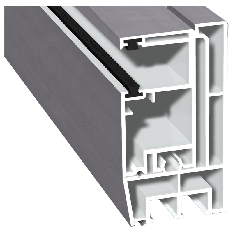 Adapterprofil 80x43mm Lg. 6,00m foliert, Revision außen <(>&<)> Rollladenführung 57x30mm Lg. 6,00m GK Weiß, mit zwei schwarzen Bürsten 436 1002 Metbru Produktbild BIGPIC L