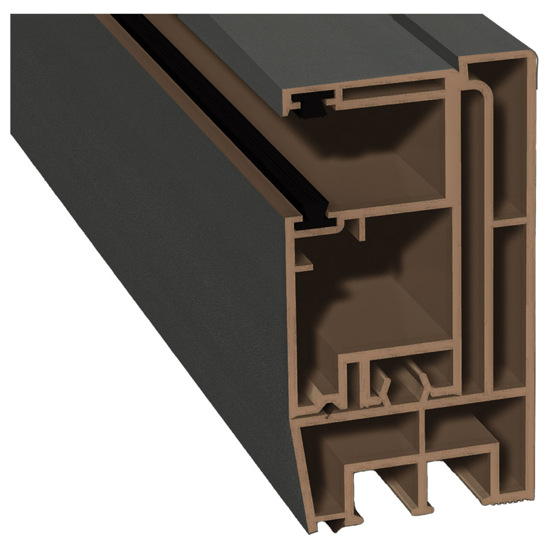 Adapterprofil 80x43mm Lg. 6,00m foliert, Revision außen <(>&<)> Rollladenführung 57x30mm Lg. 6,00m GK Braun, mit zwei schwarzen Bürsten 436 1014 Alux Produktbild BIGPIC L