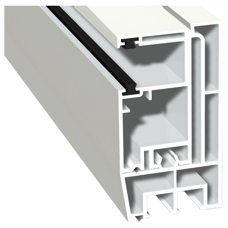 Adapterprofil 80x43mm Lg. 6,00m foliert, Revision außen <(>&<)> Rollladenführung 57x30mm Lg. 6,00m GK Weiß, mit zwei schwarzen Bürsten 456 5053 Altwei Produktbild BIGPIC L