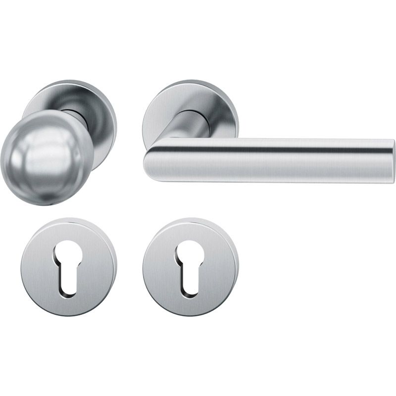 FS-AGL3-Wechselgarnitur 1108 rechts 9mm PZ Rundrosette Knopf 0802 max. 35°. TS 39-48mm Edelstahl fein matt Produktbild BIGPIC L