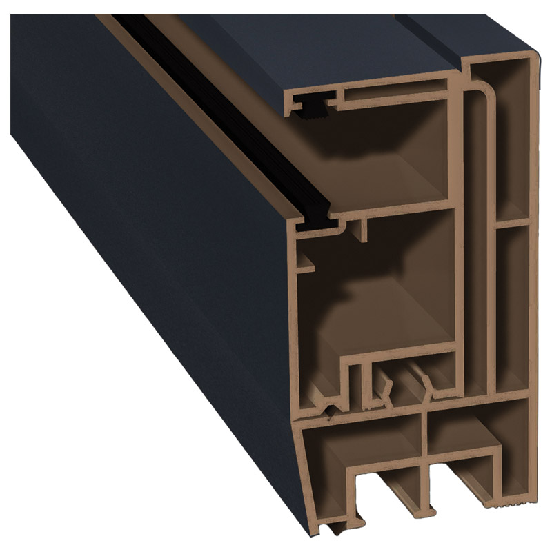 Adapterprofil 80x43mm Lg. 6,00m foliert, Revision außen <(>&<)> Rollladenführung 57x30mm Lg. 6,00m GK Braun, mit zwei schwarzen Bürsten 70 1605-097 An Produktbild BIGPIC L
