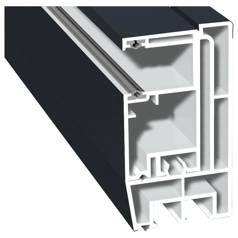 Adapterprofil 52x42mm Lg. 6,00m foliert, Revision außen <(>&<)> Rollladenführung 32x30mm Lg. 6,00m GK Weiß, mit zwei schwarzen Bürsten 70 1605-167 Ant Produktbild BIGPIC L