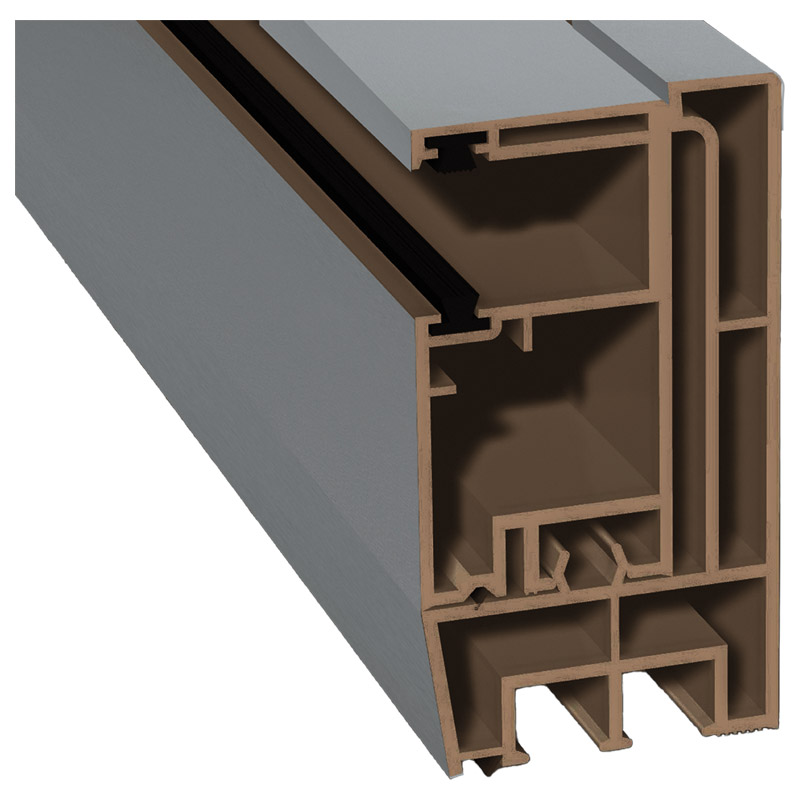 Adapterprofil 80x43mm Lg. 6,00m foliert, Revision außen <(>&<)> Rollladenführung 57x30mm Lg. 6,00m GK Braun, mit zwei schwarzen Bürsten 71 5505-167 Si Produktbild BIGPIC L