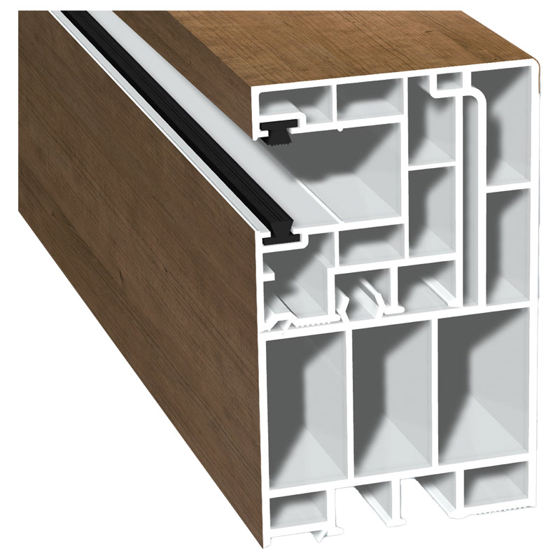 Adapterprofil 55x90mm Lg. 6,50m foliert, Revision außen <(>&<)> Rollladenführung 40x47mm Lg. 6,50m mit zwei schwarzen Bürsten GK Braun 321 4007-195 Ru Produktbild BIGPIC L