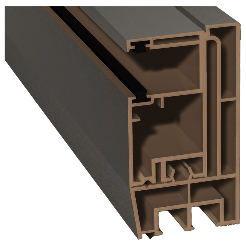 Adapterprofil 80x43mm Lg. 6,00m foliert, Revision außen <(>&<)> Rollladenführung 57x30mm Lg. 6,00m GK Braun, mit zwei schwarzen Bürsten 70 3905-167 Qu Produktbild BIGPIC L