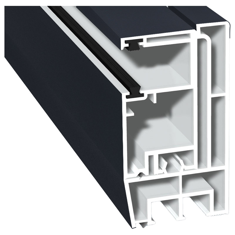 Adapterprofil 80x43mm Lg. 6,00m foliert, Revision außen <(>&<)> Rollladenführung 57x30mm Lg. 6,00m GK Weiß, mit zwei schwarzen Bürsten 70 1605-097 Ant Produktbild BIGPIC L