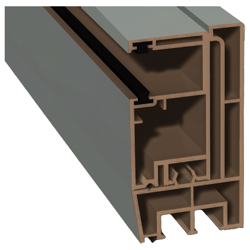Adapterprofil 80x43mm Lg. 6,00m foliert, Revision außen <(>&<)> Rollladenführung 57x30mm Lg. 6,00m GK Braun, mit zwei schwarzen Bürsten 436 7049 Titan Produktbild BIGPIC L