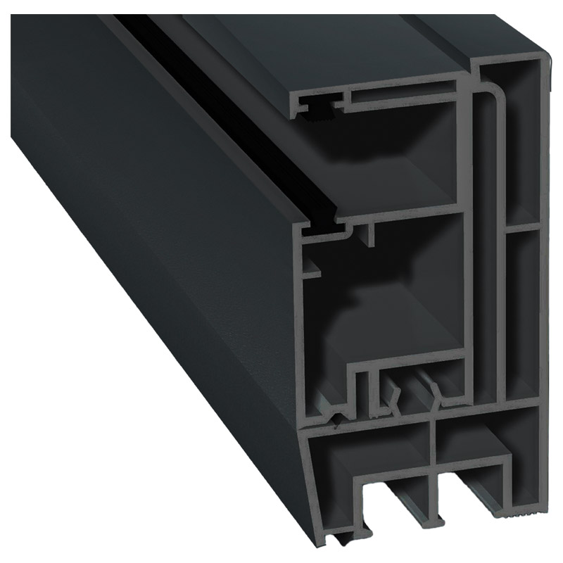 Adapterprofil 80x43mm Lg. 6,00m foliert, Revision außen <(>&<)> Rollladenführung 57x30mm Lg. 6,00m GK Grau, mit zwei schwarzen Bürsten 70 1605-083 Ant Produktbild BIGPIC L